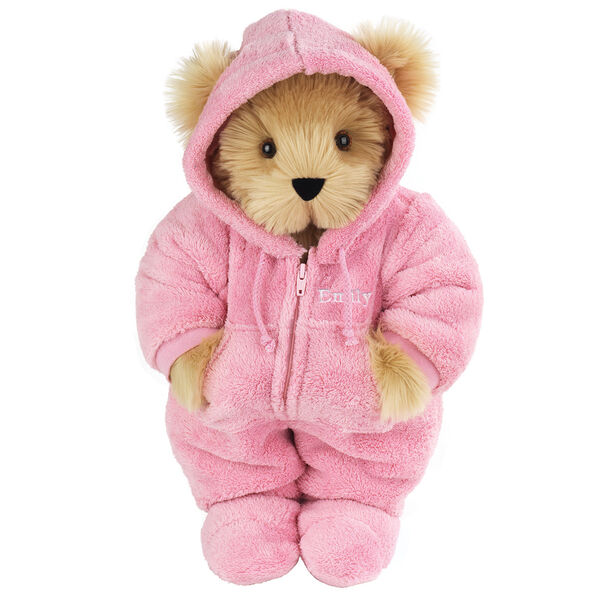 15" Hoodie Footie Bear - Front view of standing jointed bear dressed in pink hoodie footie personalized with "Emily" in white on left chest - Maple brown fur image number 0