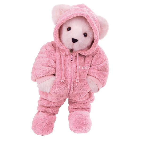 15" Hoodie Footie Bear - Front view of standing jointed bear dressed in pink hoodie footie personalized with "Emily" in white on left chest - Pink fur image number 7