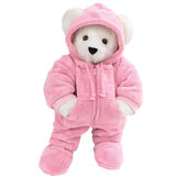 15" Hoodie Footie Bear - Front view of standing jointed bear dressed in pink hoodie footie personalized with "Emily" in white on left chest - Vanilla white fur image number 4