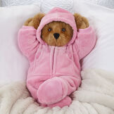 15" Hoodie Footie Bear - Jointed honey stuffed teddy bear dressed in pink hoodie footie in a relaxing setting image number 1
