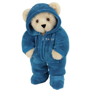15" Hoodie-Footie Bear Blue - Front view of standing jointed bear dressed in blue hoodie footie personalized with "Emily" in white on left chest - Buttercream brown fur