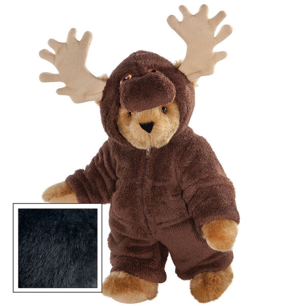 15" Moose Bear - Front view of standing jointed bear dressed in a brown hoodie footie with tan antlers  - Black fur