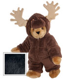 15" Moose Bear - Front view of standing jointed bear dressed in a brown hoodie footie with tan antlers  - Black fur image number 3