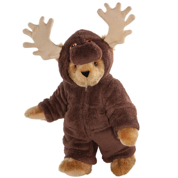 15" Moose Bear - Front view of standing jointed bear dressed in a brown hoodie footie with tan antlers  - Honey brown fur image number 0