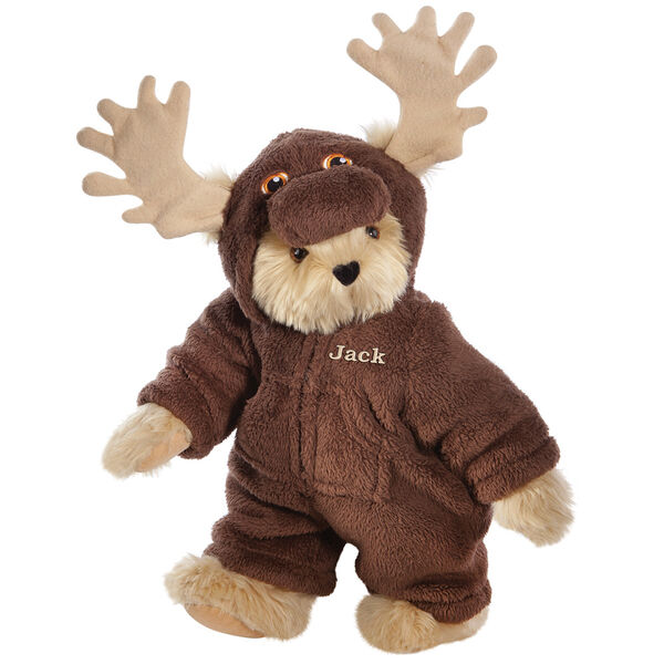 15" Moose Bear - Front view of standing jointed bear dressed in a brown hoodie footie with tan antlers personalized with "Jack" on left chest in gold lettering - Maple brown fur