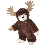 15" Moose Bear - Front view of standing jointed bear dressed in a brown hoodie footie with tan antlers personalized with "Jack" on left chest in gold lettering - Vanilla white fur image number 2
