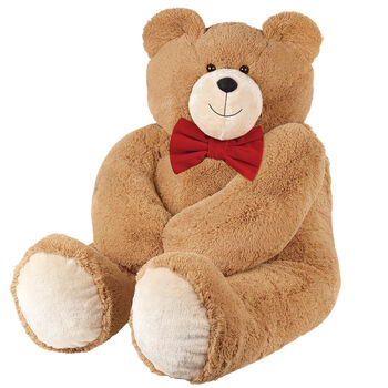 4' Big Hunka Love Bear with Bow Tie - front seated view of honey brown bear with a red velvet bow tie