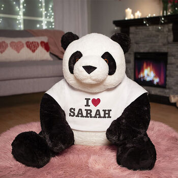 3 1/2' Gentle Giant I Heart You T-Shirt Panda - Front view of seated black and white panda with white t-shirt that says, "I Heart Sarah (your name here)"