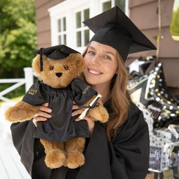 15" Graduation Bear in Black Gown - Front view of standing jointed bear dressed in black satin graduation gown and cap presented as a college Graduation gift