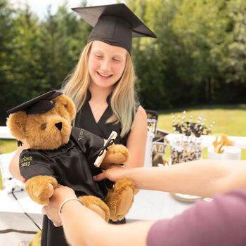 15" Graduation Bear in Black Gown - Front view of standing jointed bear dressed in black satin graduation gown and cap presented as a kid's Graduation gift