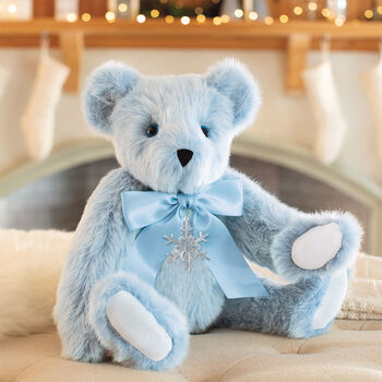 15" Winter Wonderland Bear - 15" seated jointed ice blue bear wearing a blue satin bow with a Danforth Pewter snowflake ornament