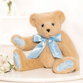 15" Bluebell Blossoms Bear - 15" seated jointed buttercream bear with blue eyes and blue floral paw pads with personalization on the blue satin bow presented as a Mother's Day gift image number 0